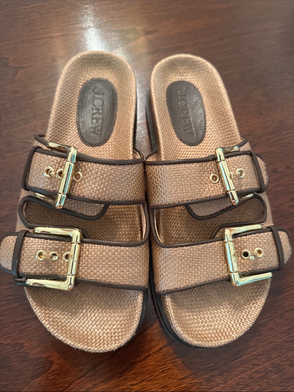 J. Crew Tan Colbie Woven Double-Buckle Slide Sandals with Gold Buckles
